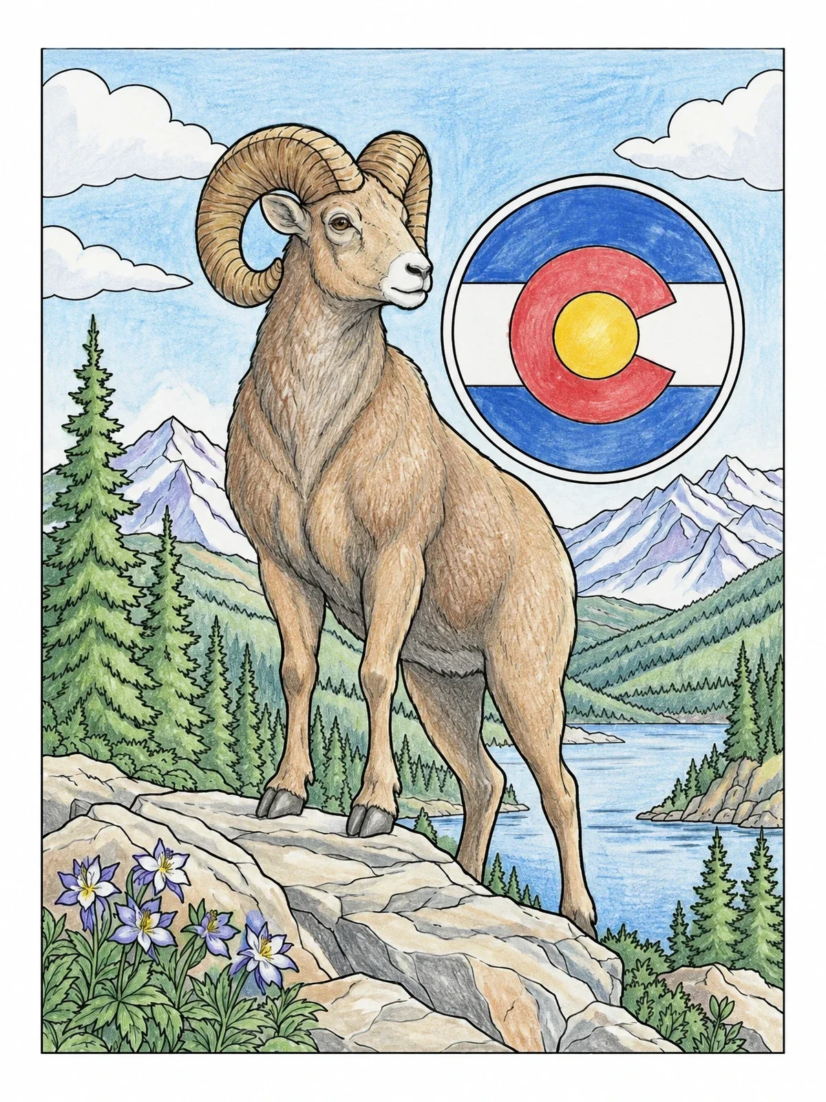 Colored example of the Colorado Bighorn Sheep On Rocky Mountain Ledge coloring page