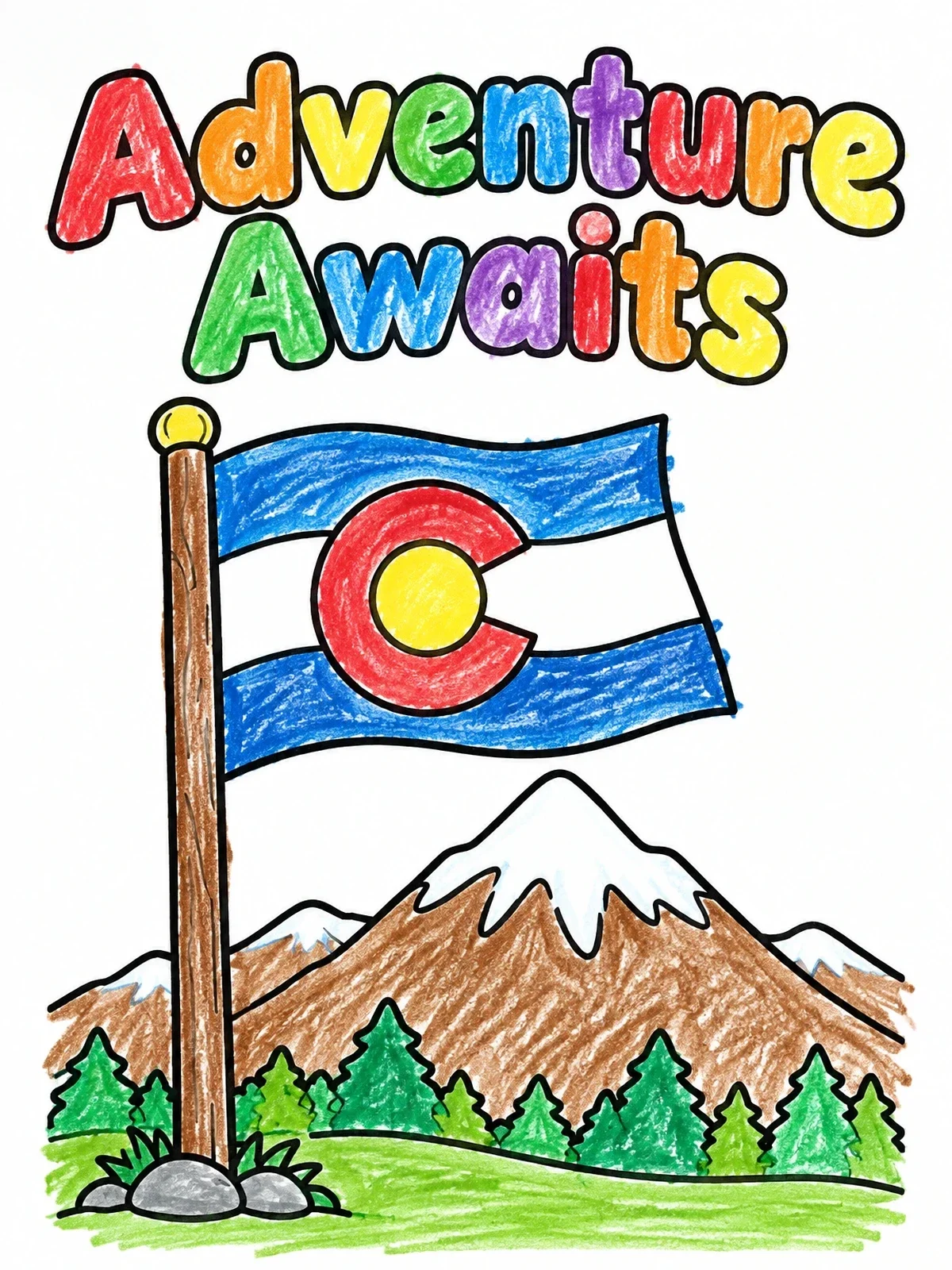 Colored example of the Colorado Flag And Mountain Adventure coloring page