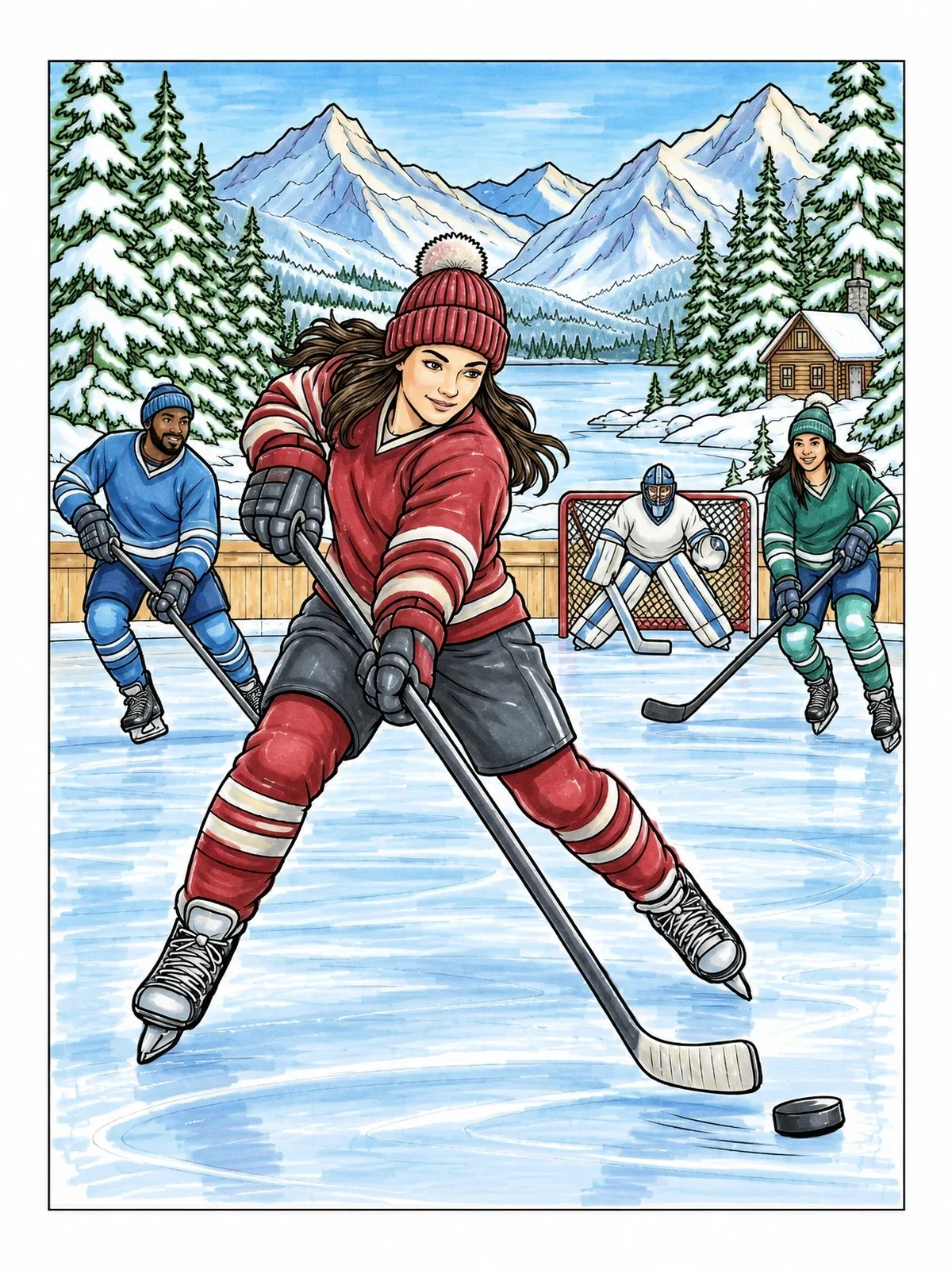 Colored example of the Ice Hockey On A Mountain Rink coloring page