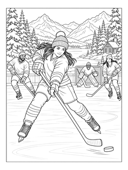 Hockey players on an outdoor frozen lake rink in this Colorado coloring page.