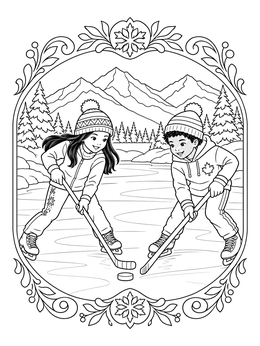 Two kids play ice hockey on a frozen lake in this colorado coloring page.
