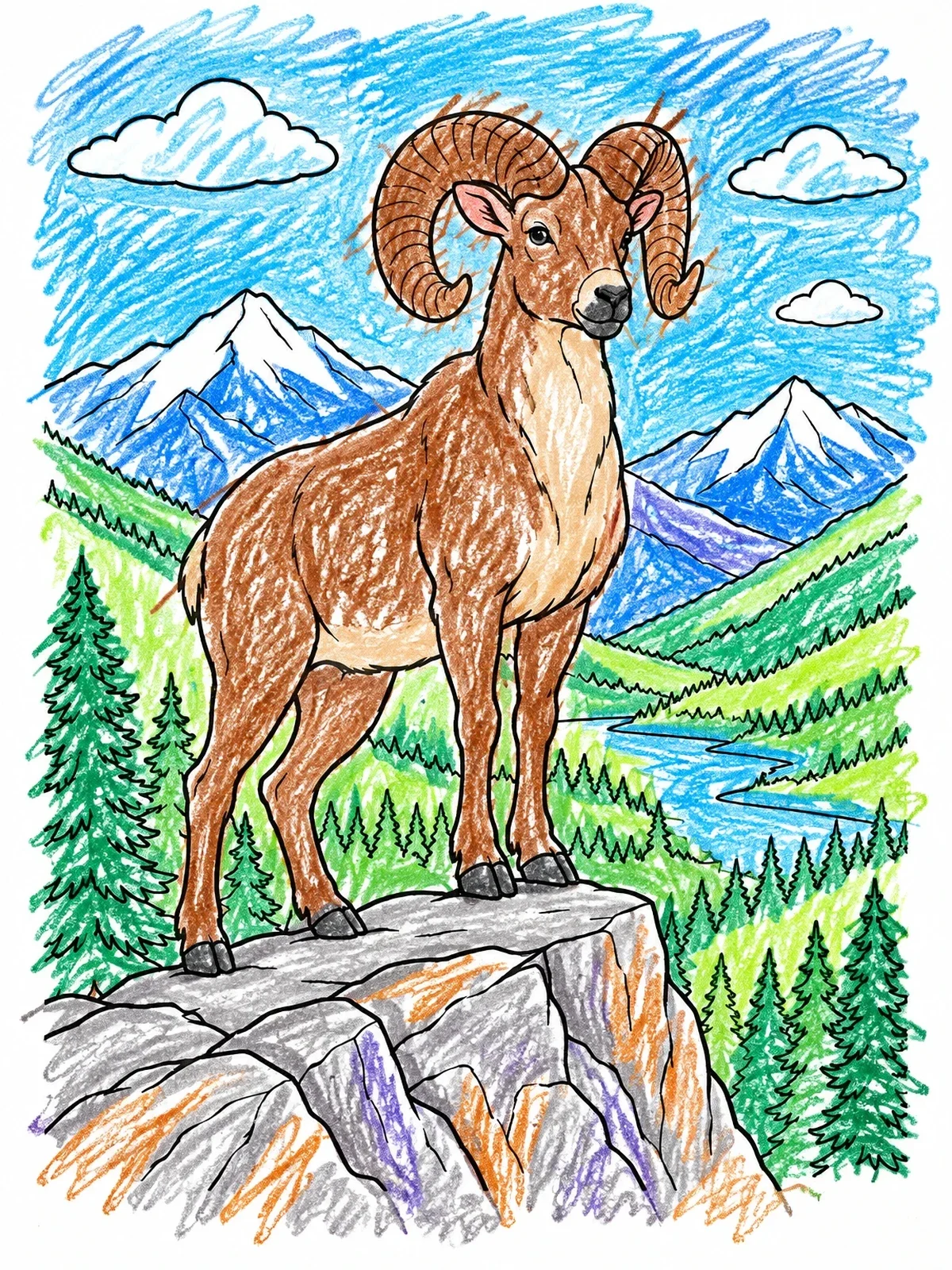 Colored example of the Rocky Mountain Bighorn Sheep On Cliff coloring page