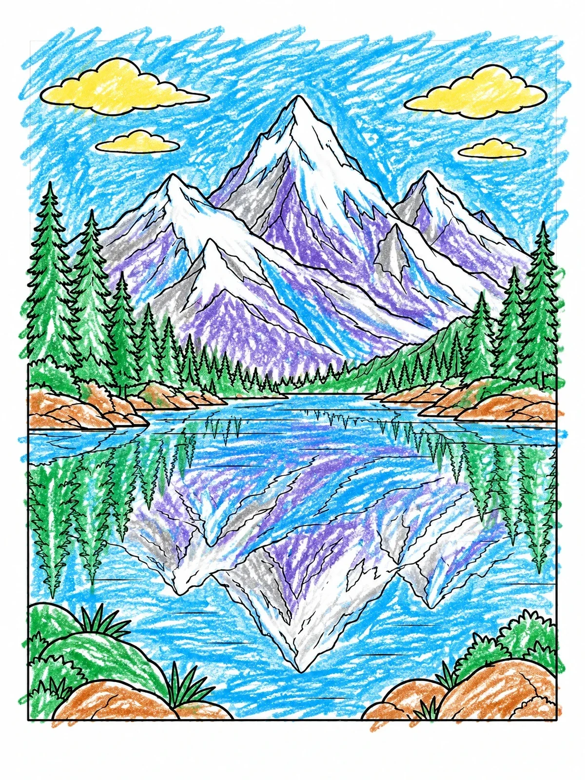 Colored example of the Rocky Mountain Lake Reflection coloring page
