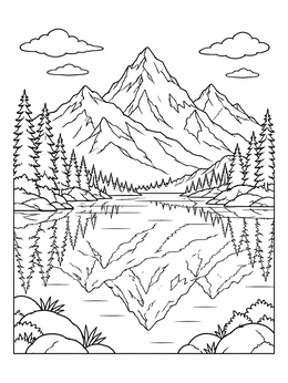 A calm alpine lake mirrors tall snowy peaks in this colorado coloring page.