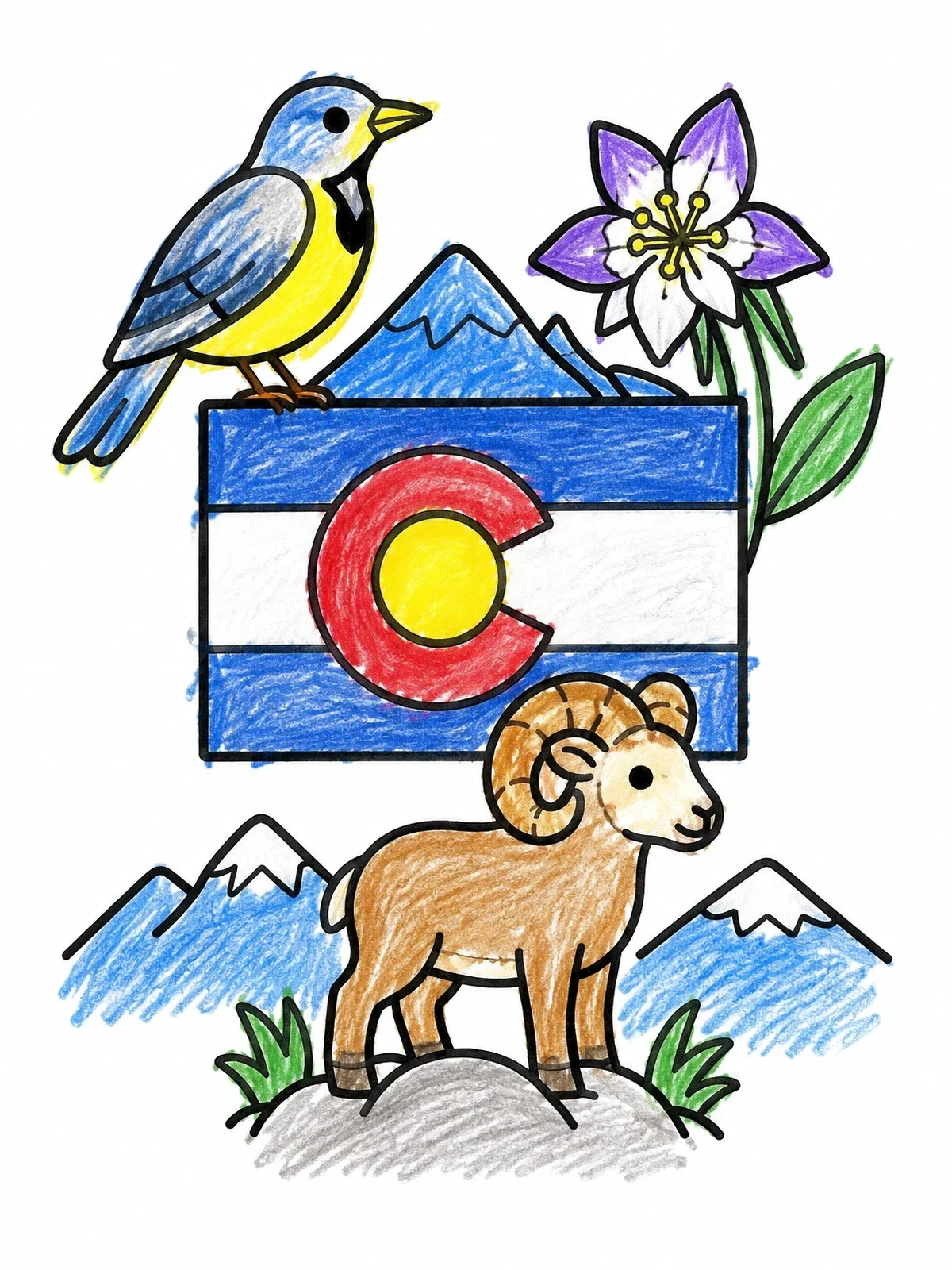 Colored example of the Colorado State Symbols And Flag coloring page