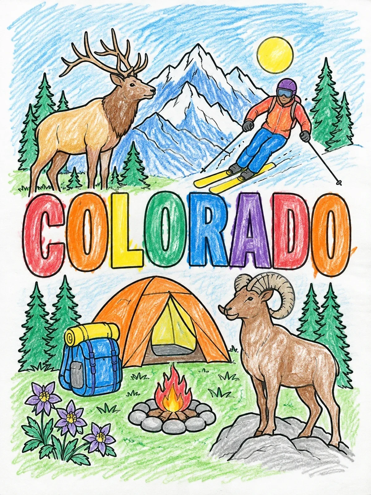 Colored example of the Colorado Wildlife And Outdoor Adventure Poster coloring page