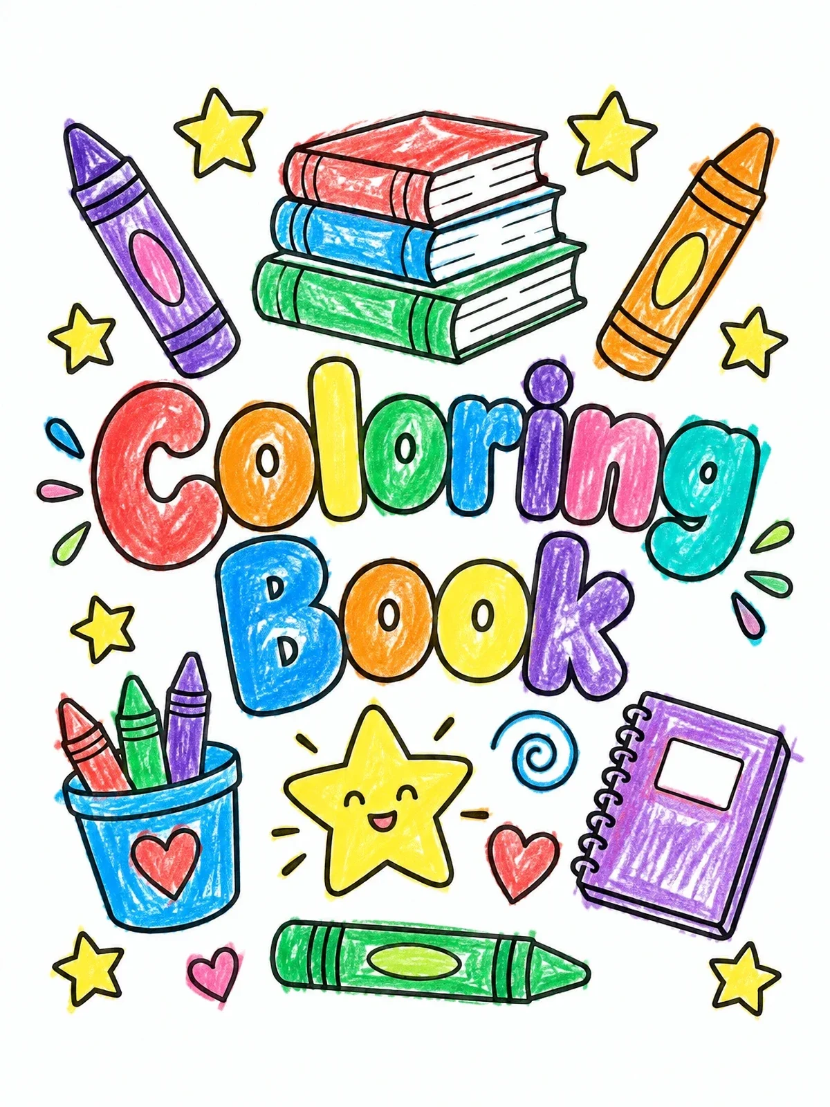 Colored example of the Coloring Book Cover With Crayons And Stars coloring page