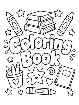 Playful book cover coloring page with bubble text, crayons, cute stars, and stacked books.