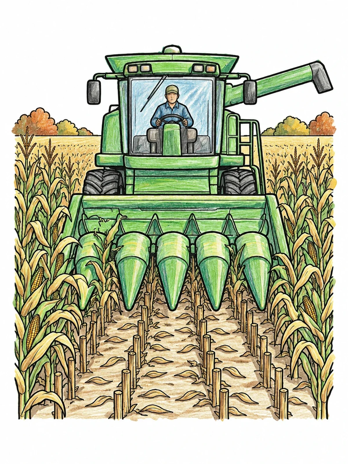 Colored example of the Combine Harvester In Cornfield coloring page