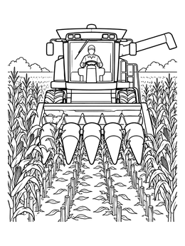 A detailed corn coloring page showing a farmer driving a combine harvester through rows of tall crops.