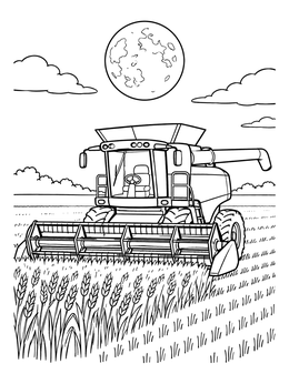 A harvest coloring page featuring a combine harvester working in a wheat field under a full moon.