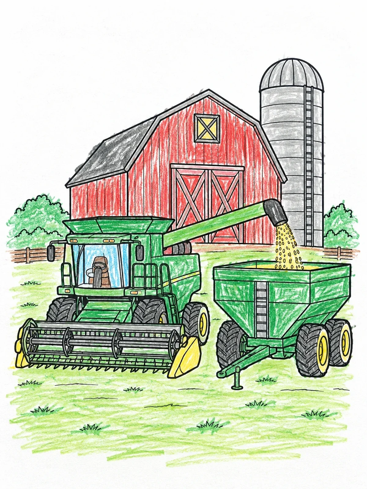 Colored example of the Combine Harvester Unloading By The Barn coloring page