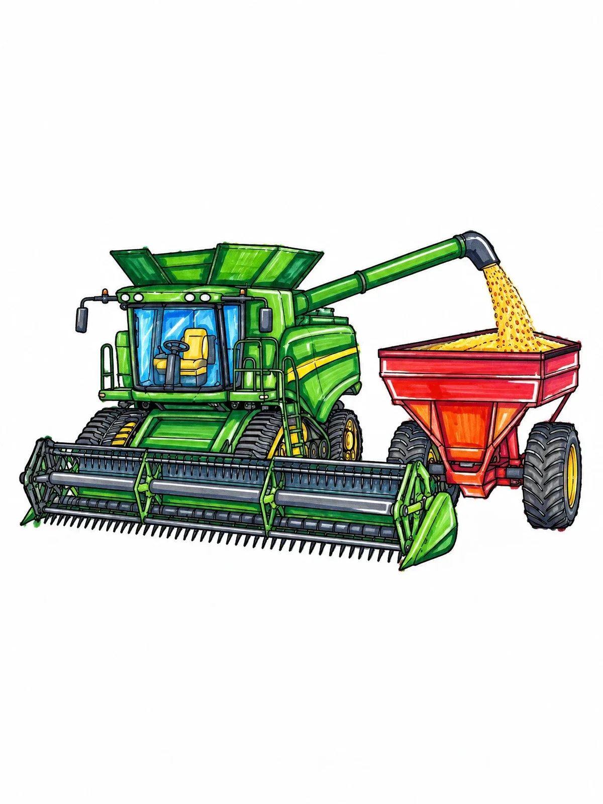 Colored example of the Combine Harvester Unloading Grain Into Cart coloring page