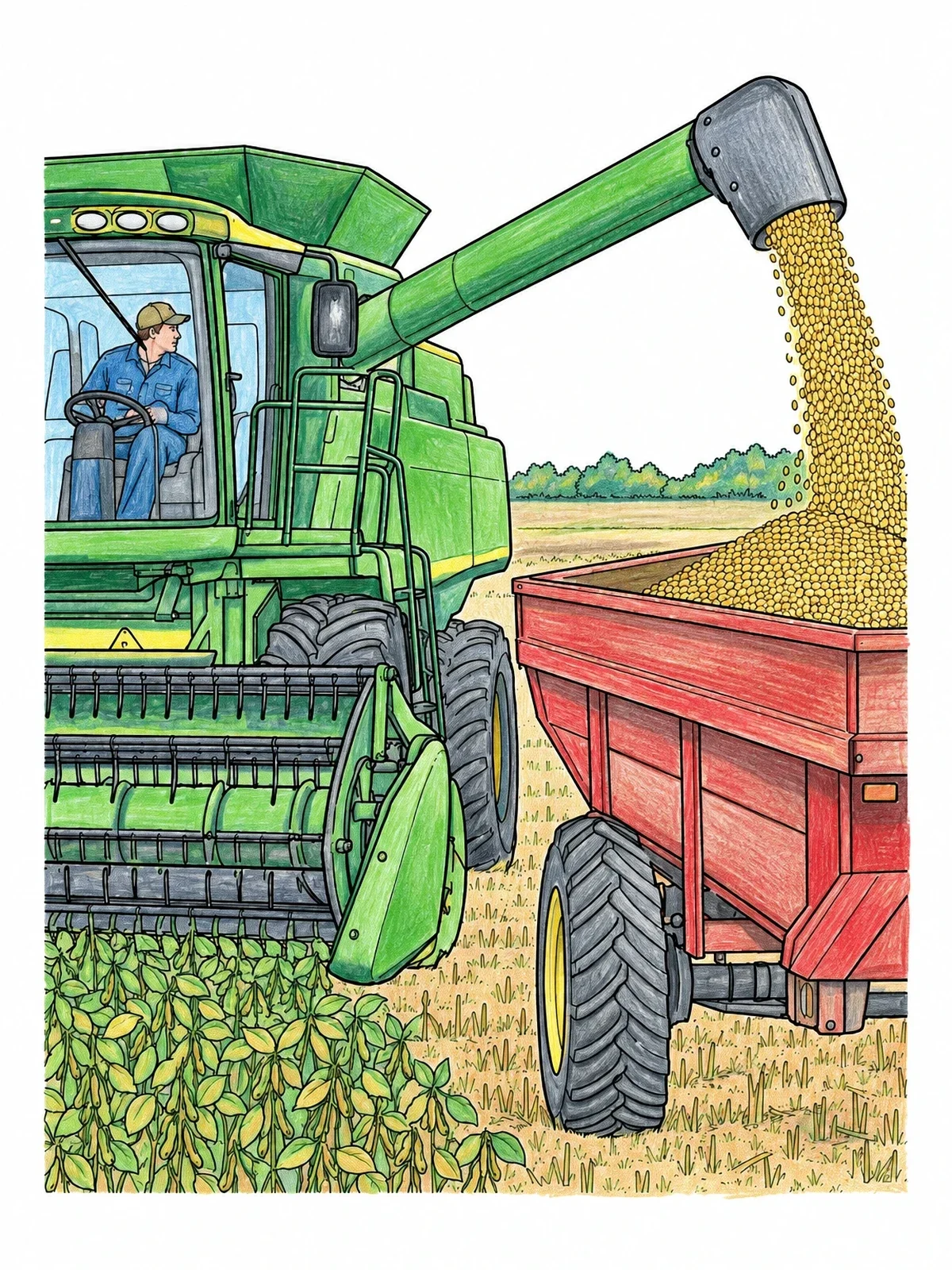 Colored example of the Combine Harvester Unloading Grain Into Wagon coloring page
