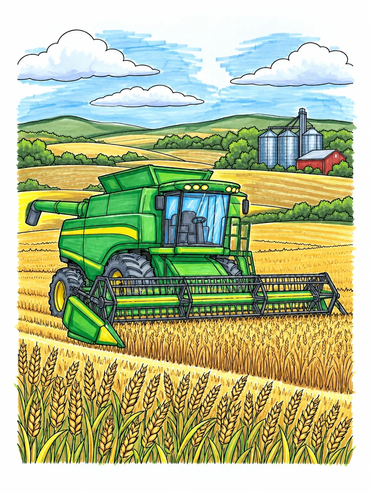 Colored example of the Combine Harvester In Wheat Field coloring page