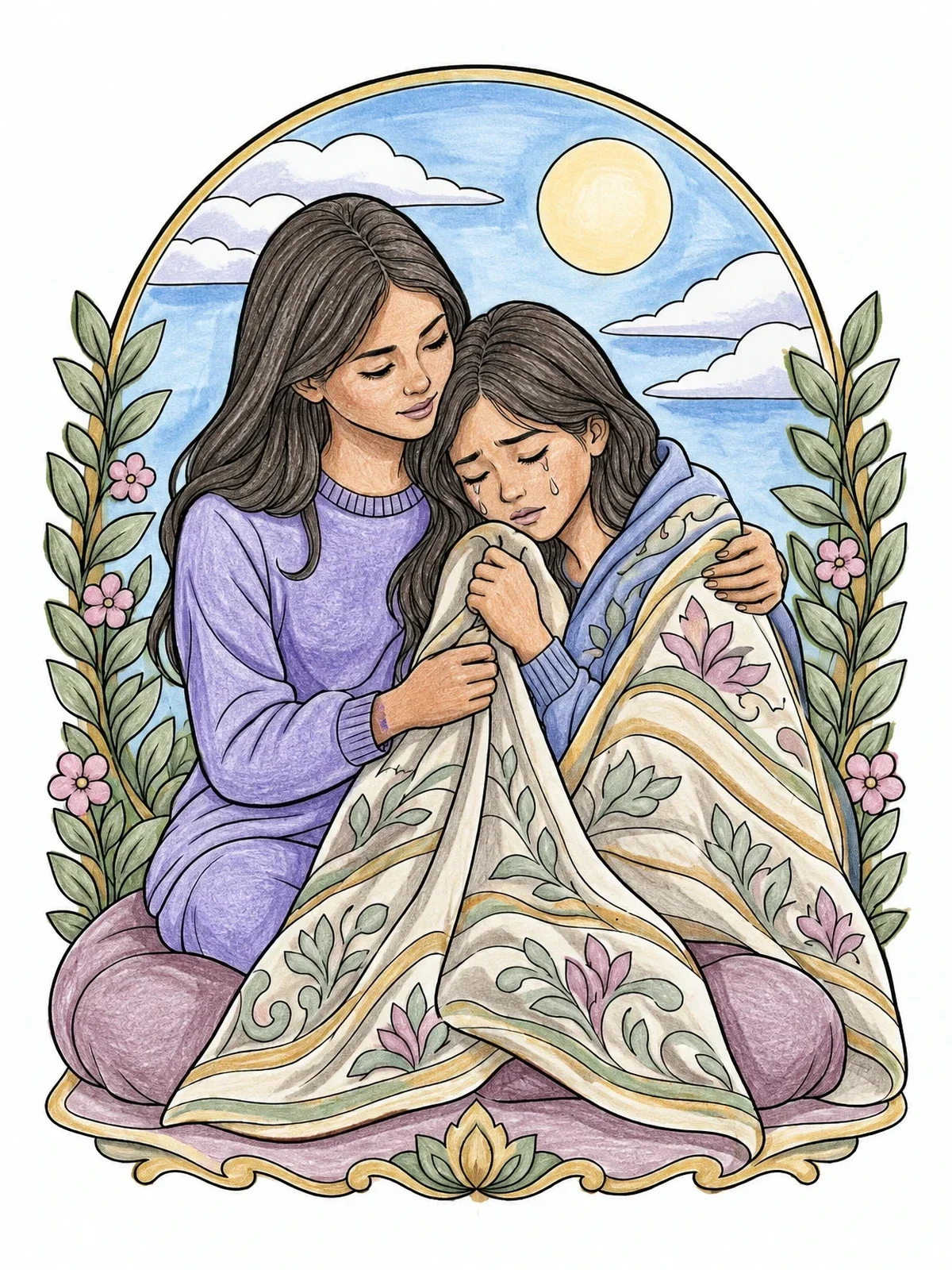 Colored example of the Comforting A Weeping Friend coloring page