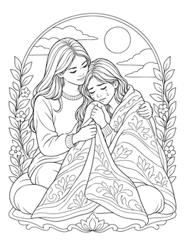 A touching beatitudes coloring page showing a woman comforting her crying friend with a blanket.