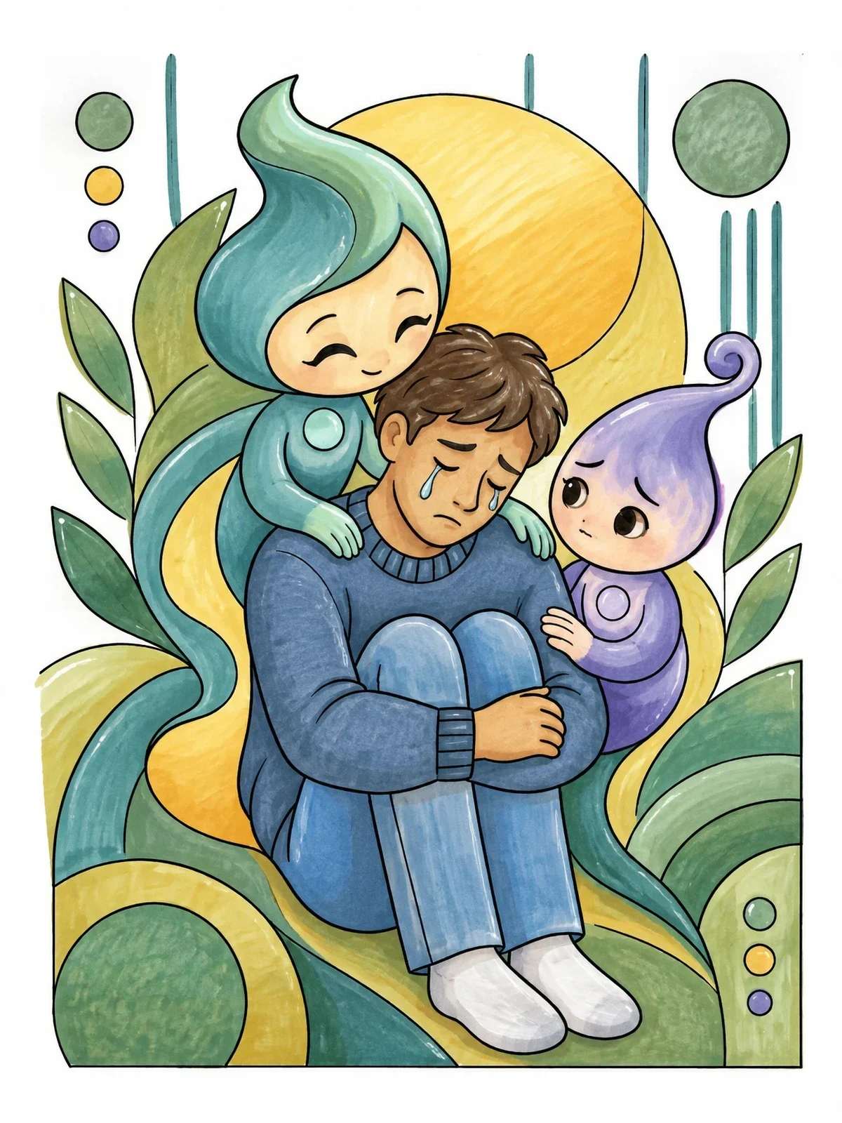 Colored example of the Comforting Spirits And Sad Friend coloring page