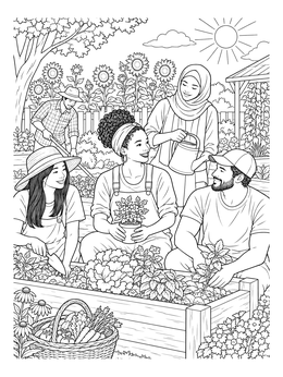 A sunny peace and love coloring page featuring diverse friends tending plants in a community garden.