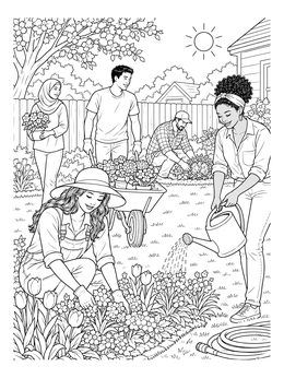 A sunny may coloring page featuring people tending to flowers and plants in a spring backyard.