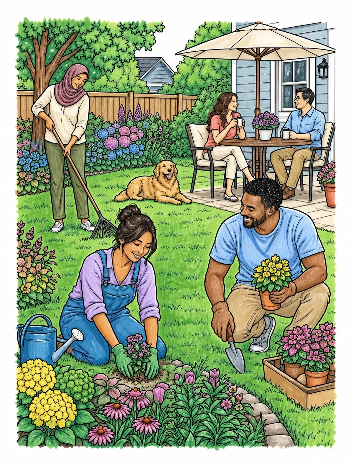 Colored example of the Community Gardening In Backyard coloring page