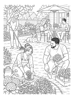 Friends gardening and relaxing in a sunny backyard on this garden coloring page.