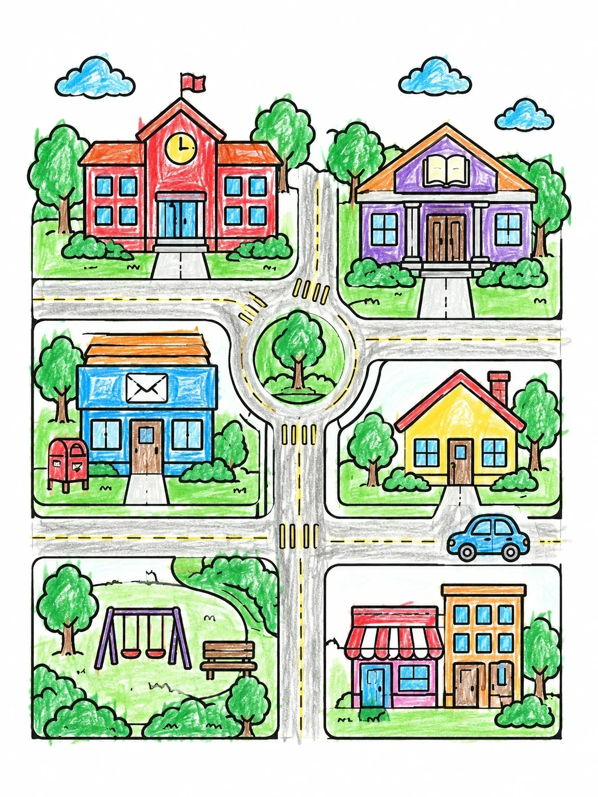 Colored example of the Community Neighborhood Map With Buildings coloring page
