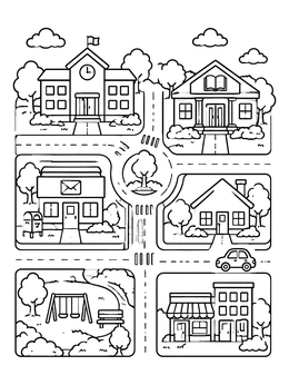Free printable Community Neighborhood Map With Buildings coloring page