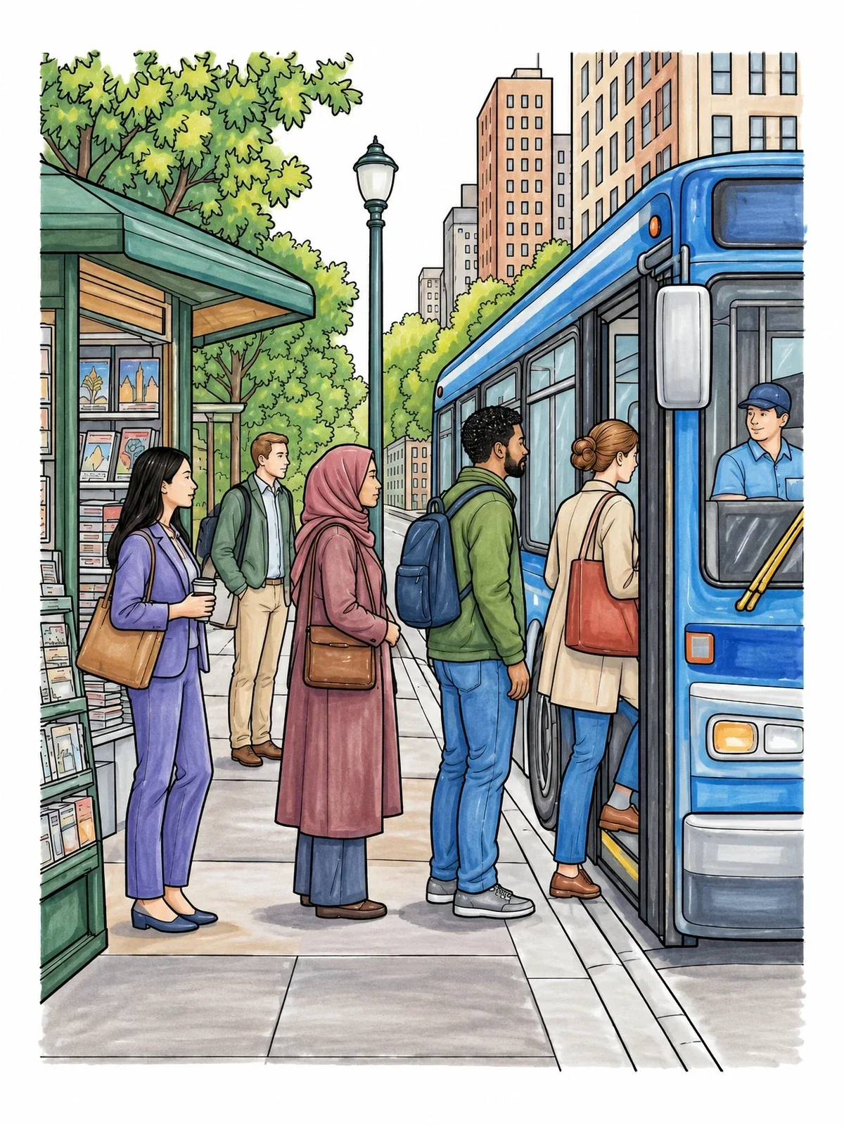 Colored example of the Commuters Boarding City Bus coloring page