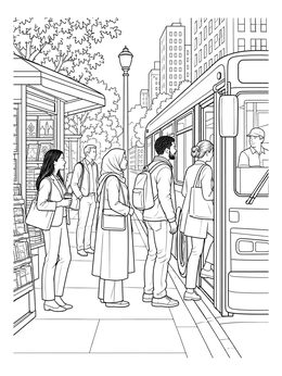 Passengers board a bus by a newsstand in this detailed city coloring page.