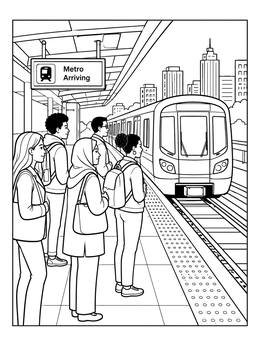 Passengers wait on an elevated platform in this train coloring page as the metro arrives.