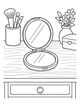 A neat vanity table setup with brushes in this mirror coloring page.