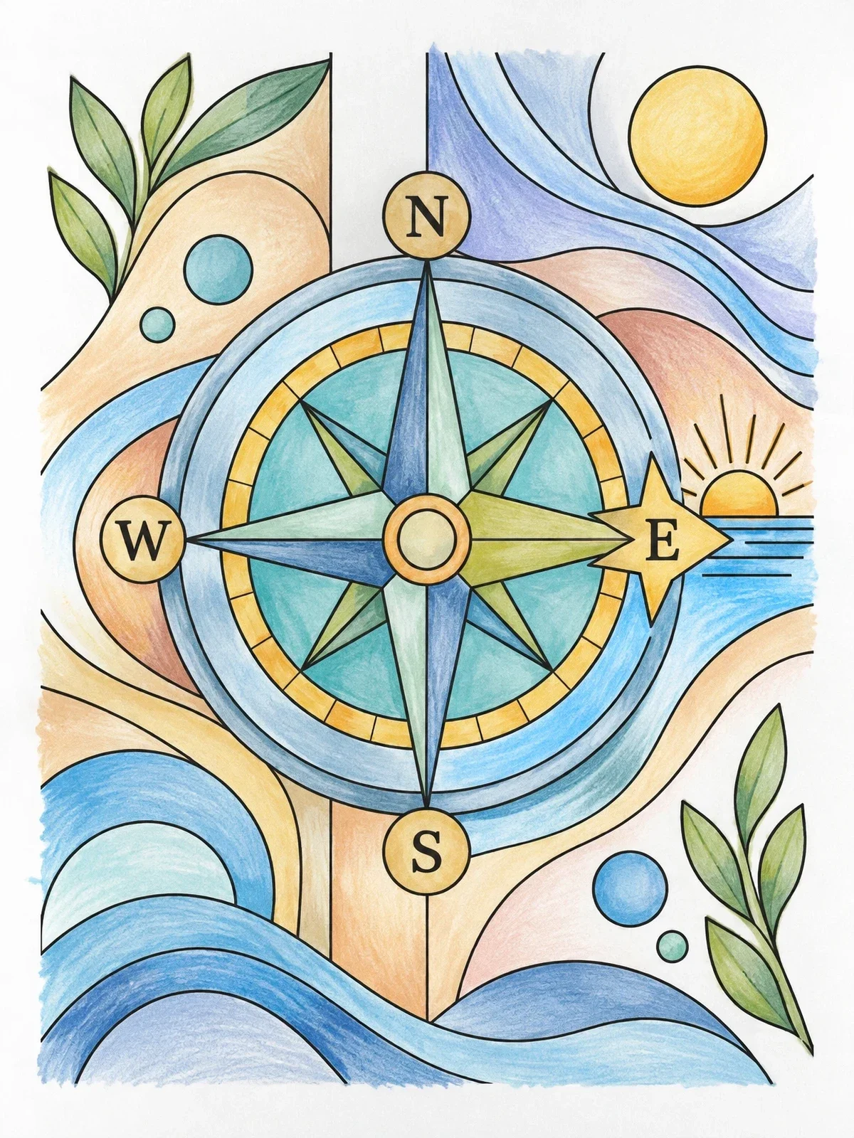 Colored example of the Compass Rose With East Sunrise coloring page