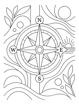 A decorative compass pointing toward a rising sun in this sunrise coloring page.