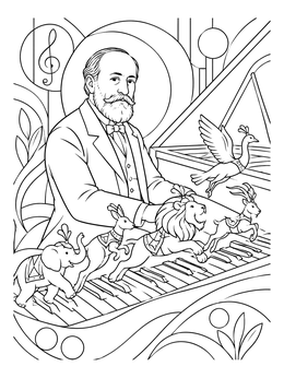 Camille Saint-Saëns playing piano in this carnival of the animals coloring page.