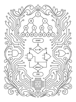 An intricate computer science coloring page displaying binary trees, logic gates, and circuit paths framed in ornate flourishes.