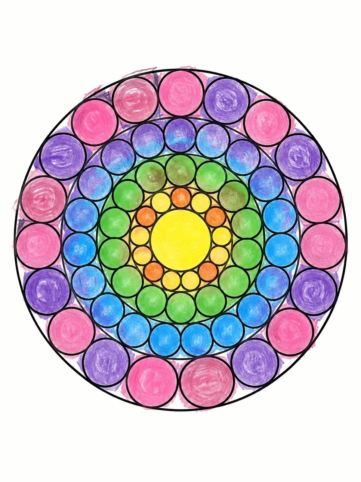 Colored example of the Geometric Concentric Bubble Mandala coloring page