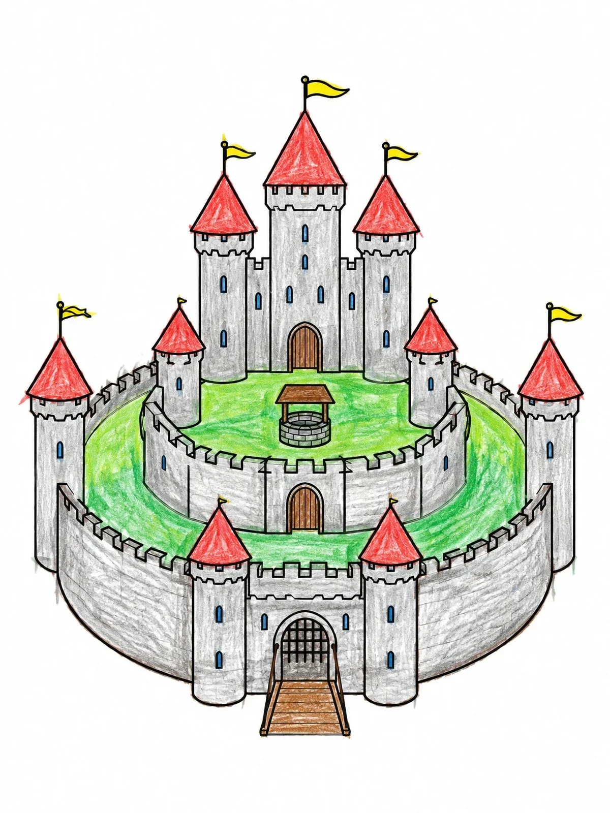 Colored example of the Concentric Medieval Castle With Courtyard coloring page