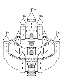A concentric castle coloring page showing outer battlements, courtyard well, and inner towers.