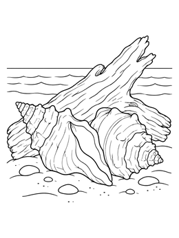 A pair of detailed conch shells resting by driftwood in this shells coloring page.