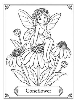 Free printable Coneflower Fairy Botanical Card coloring page
