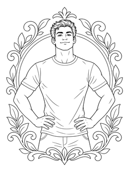 A confident brother coloring page framed by elegant leaves and scrolls.