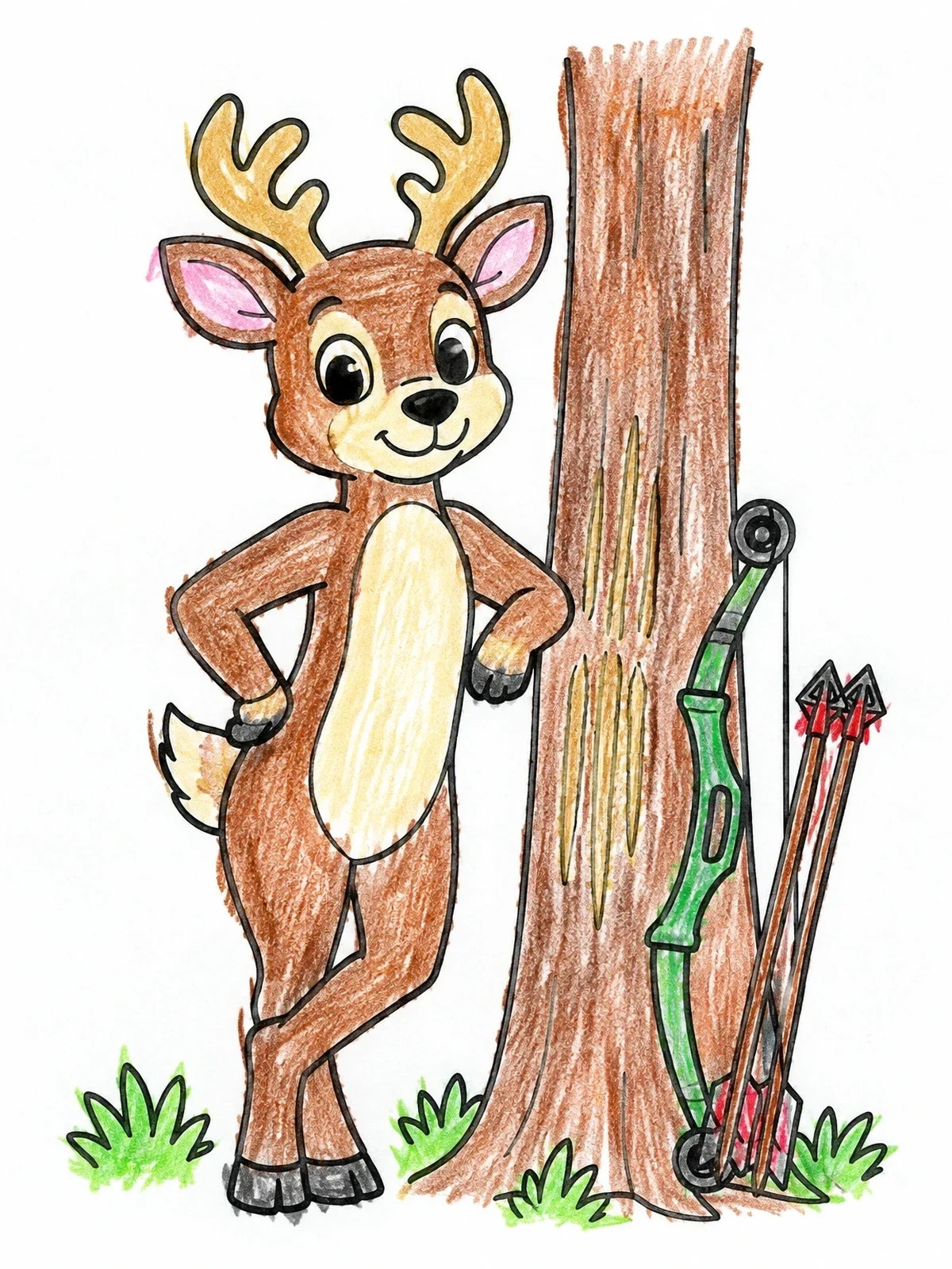 Colored example of the Confident Cartoon Deer Leaning On Tree coloring page