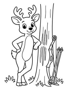 A friendly deer coloring page featuring a cute buck standing by a tree with a bow.