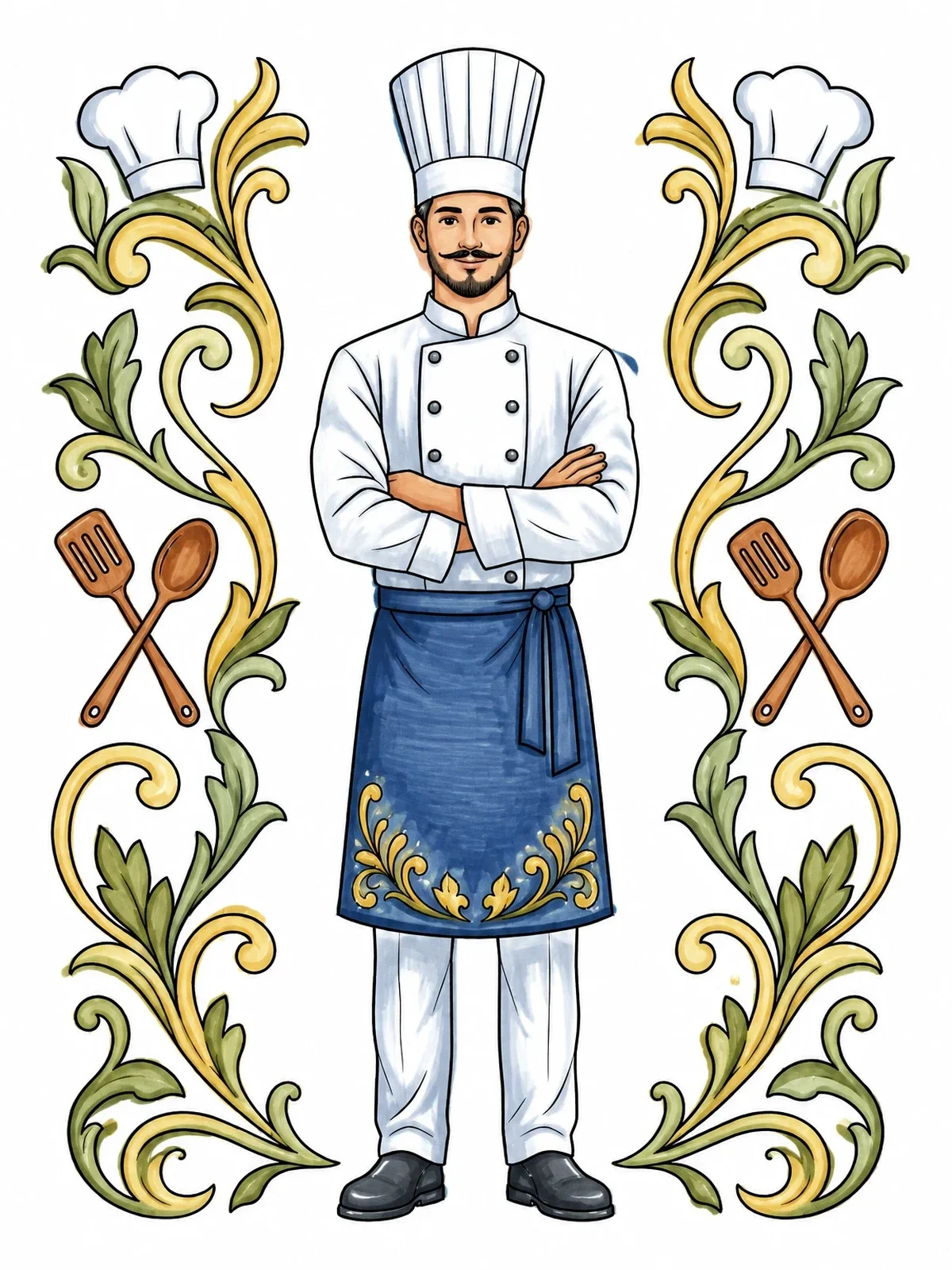 Colored example of the Confident Chef In Traditional Uniform coloring page