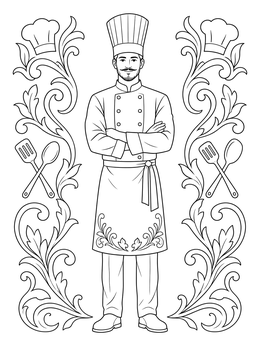 A chef coloring page featuring a proud male cook framed by ornamental kitchen utensils and flourishes.
