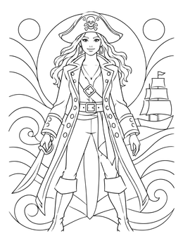 A pirate coloring page featuring a female captain holding a sword in front of sea waves.