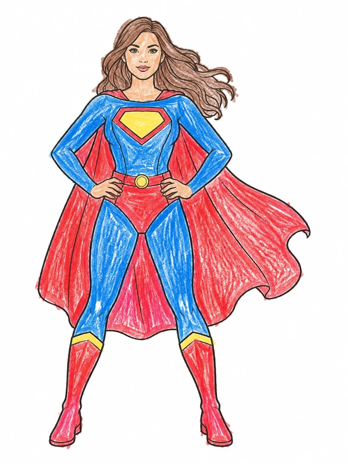 Colored example of the Confident Superhero Woman With Cape coloring page