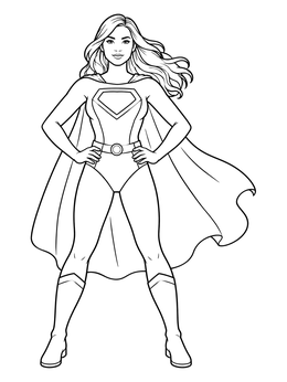 Strong superhero woman coloring page with hands on hips and a flowing cape.