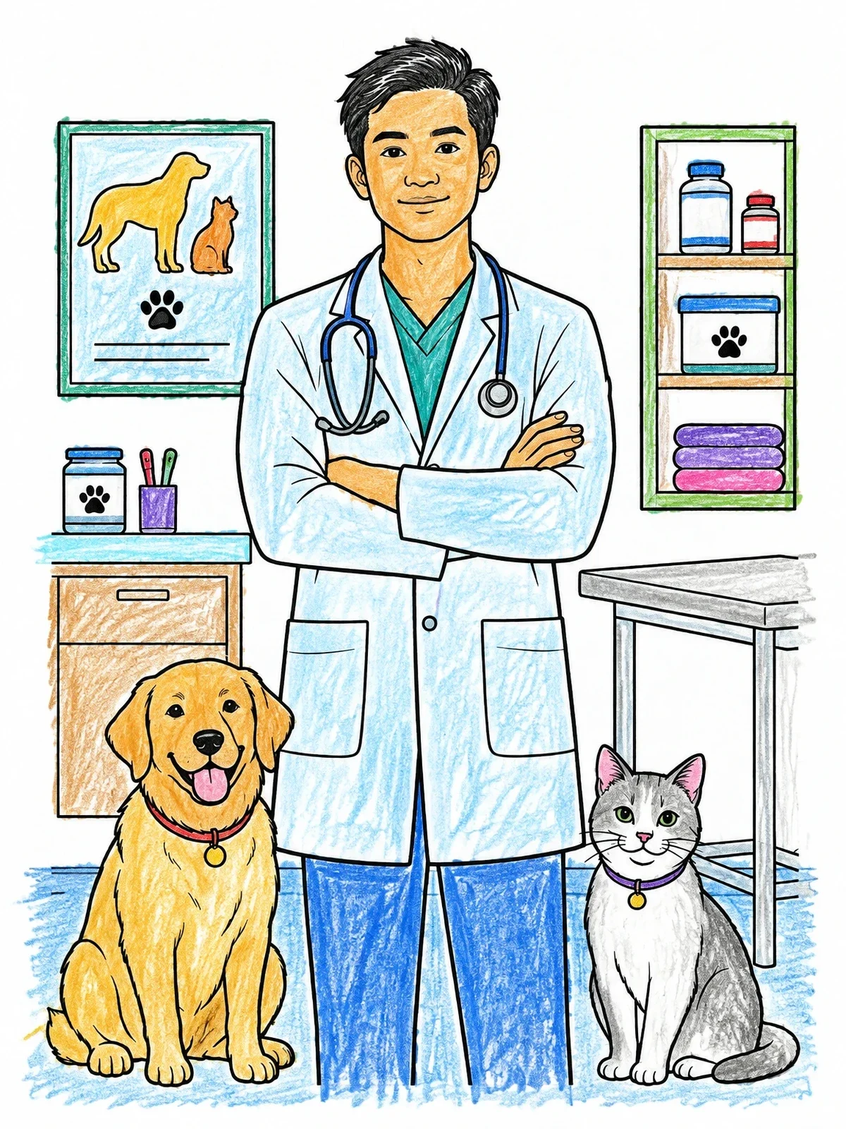 Colored example of the Confident Veterinarian With Dog And Cat coloring page